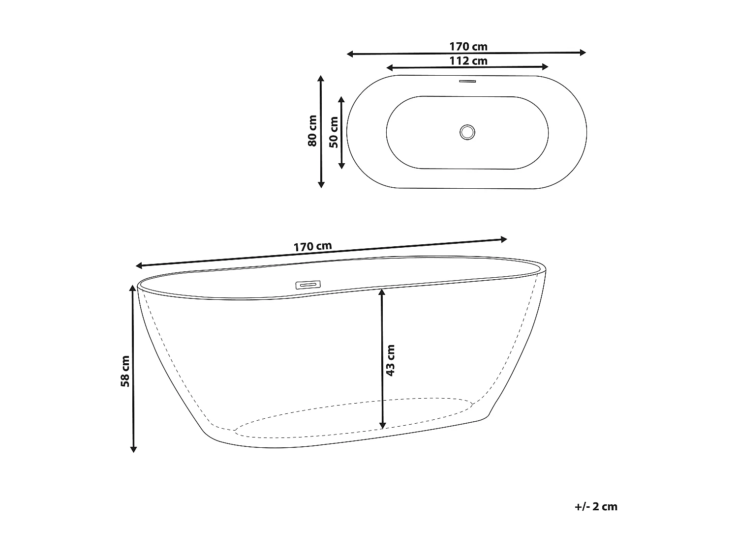 Stilvolle Acryl Badewanne oval freistehend schwarz mit Überlauf 170x80cm Carrera