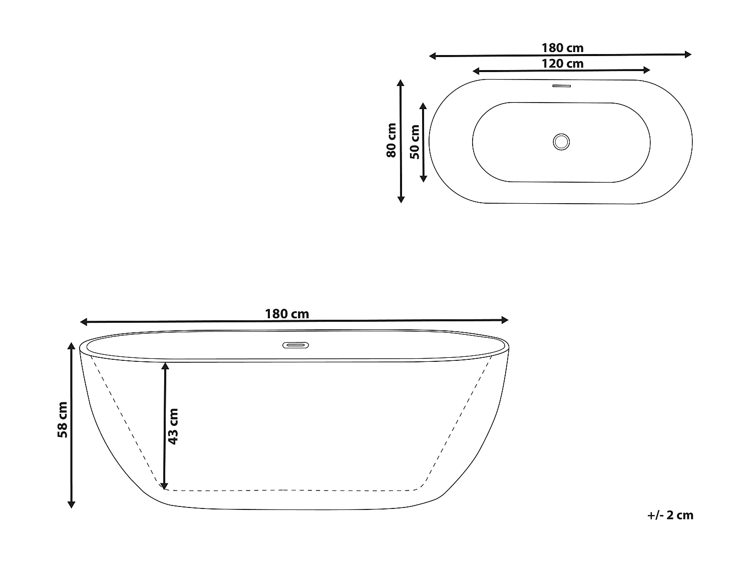 Stilvolle Acryl Badewanne oval freistehend schwarz mit Überlauf 180x80cm Carrera
