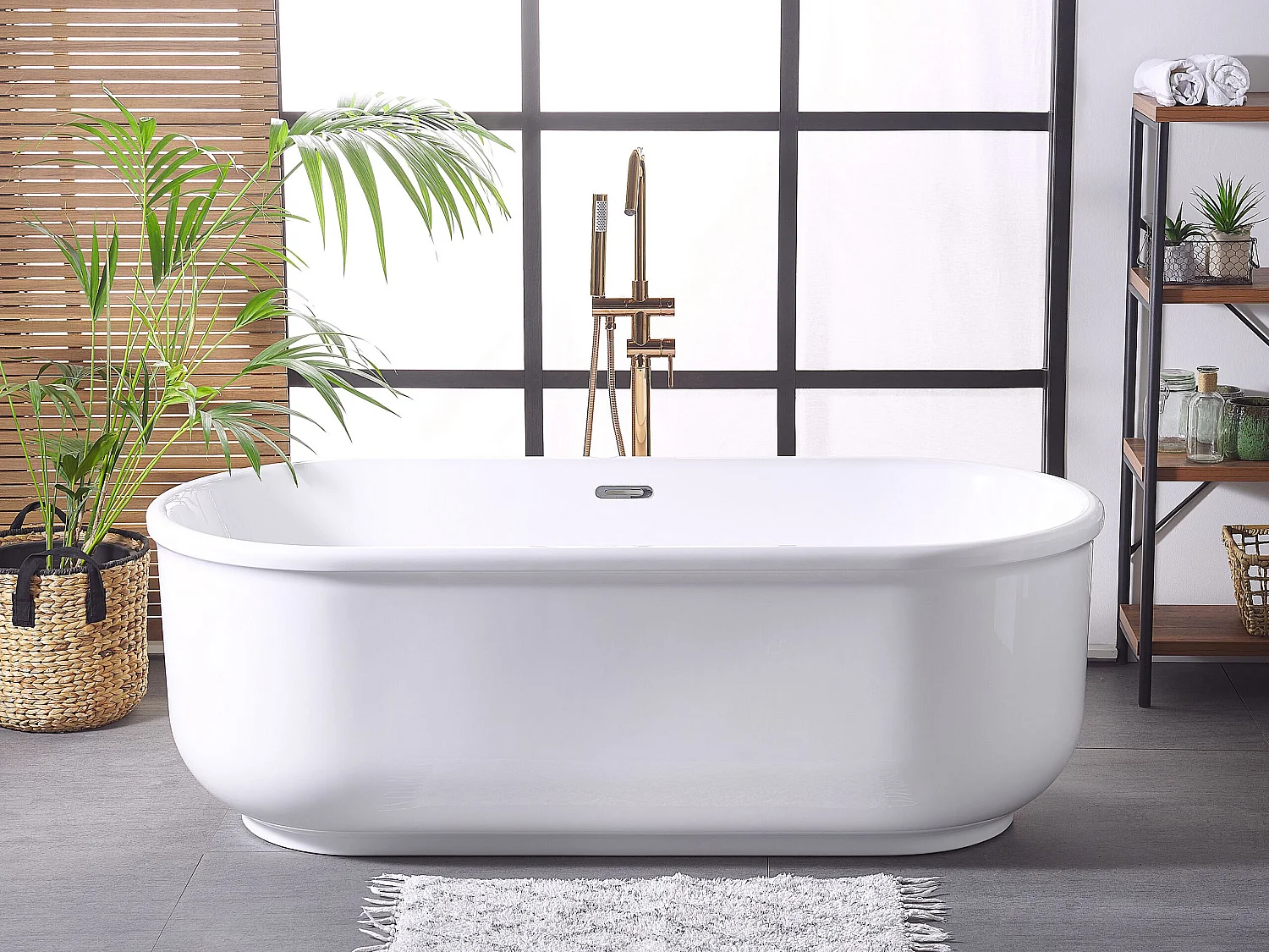 Moderne Acryl Badewanne oval freistehend weiß mit Überlauf 170 x 80 cm Pinel
