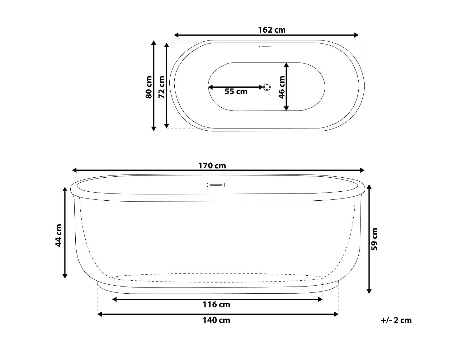 Moderne Acryl Badewanne oval freistehend weiß mit Überlauf 170 x 80 cm Pinel