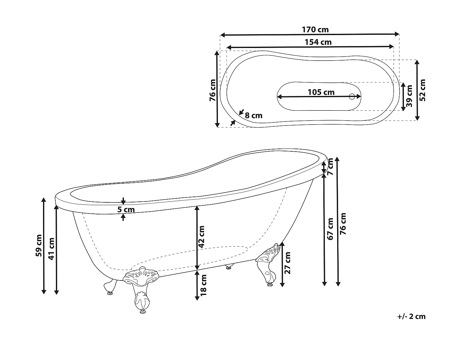 Banheira autónoma CAYMAN 1700 x 760 mm Preto/Branco