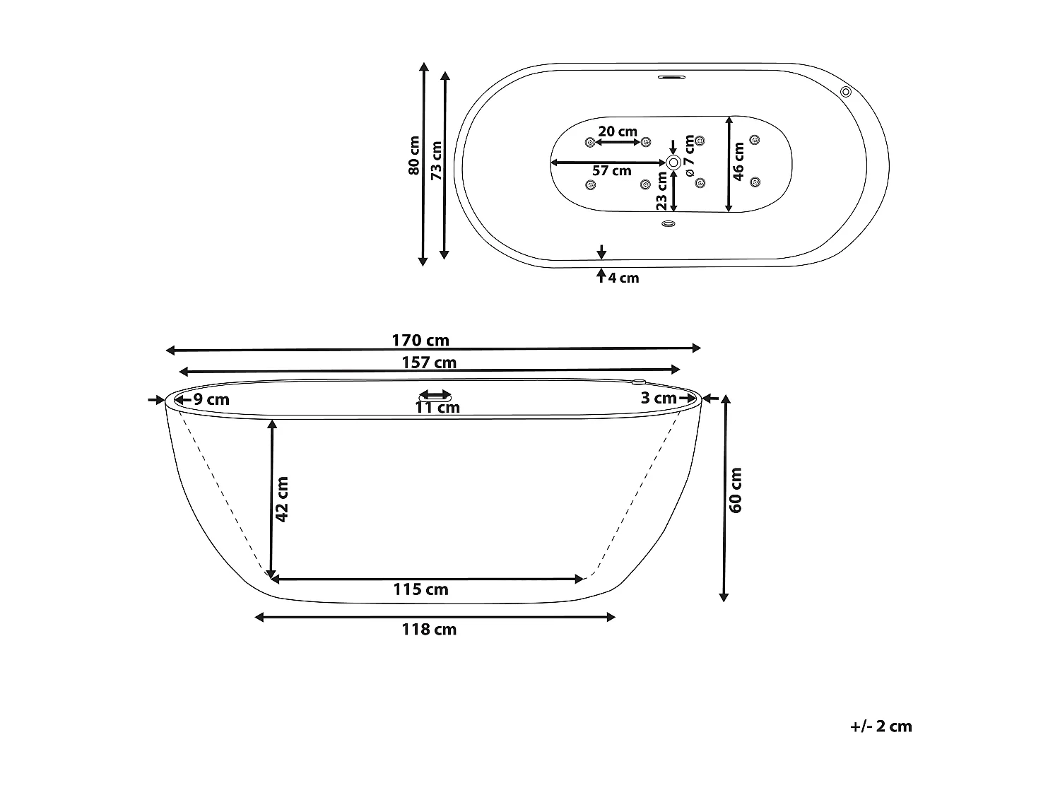 Baignoire îlot noire 170 x 80 cm avec LED NEVIS III