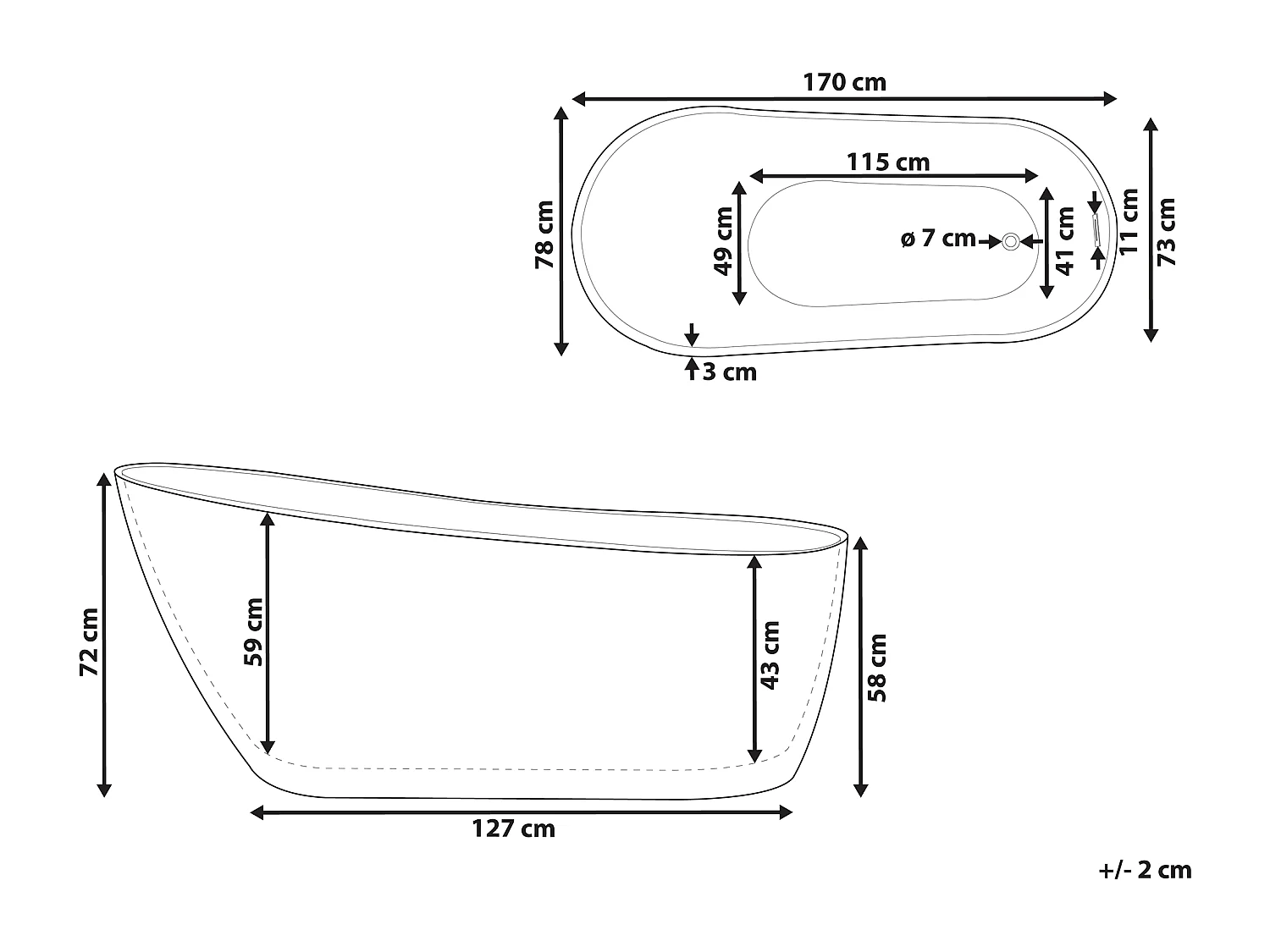 Schlichte Acryl Badewanne oval freistehend weiß mit Überlauf 170 x 78 cm Solarte