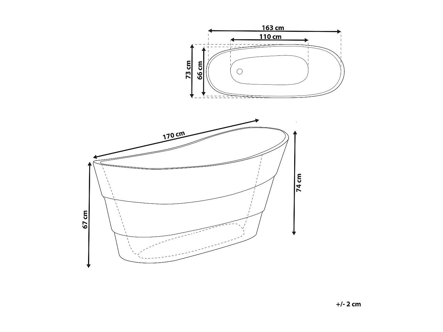 Luxus Acryl Badewanne oval freistehend weiß mit Überlauf 170 x 73 cm Buenavista