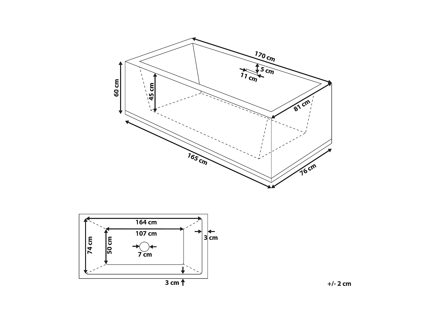 Acryl Badewanne rechteckig freistehend schwarz mit Überlauf 170 x 81 cm Rios