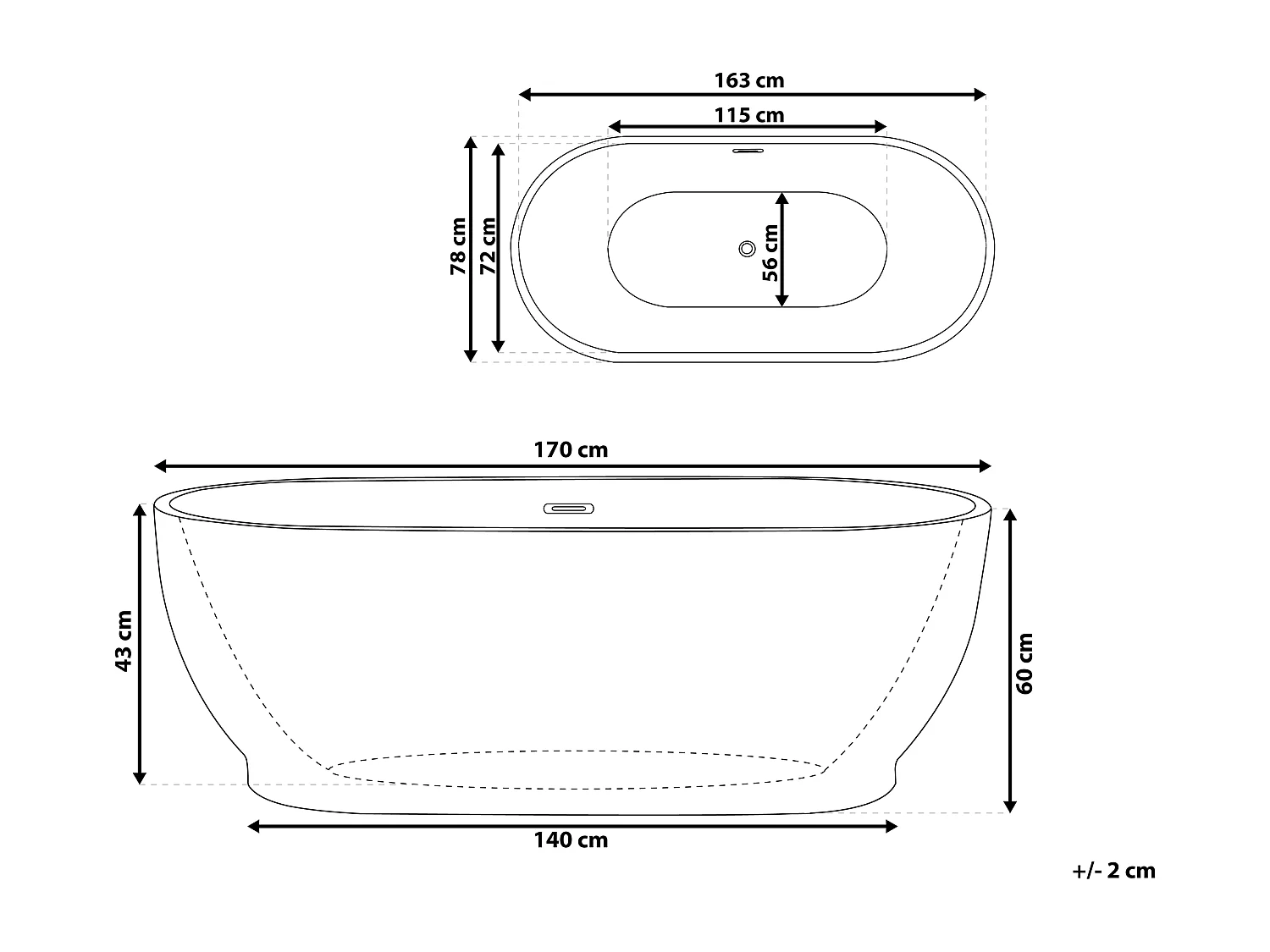 Wanna wolnostojąca LEVERA 170 x 78 cm Biały
