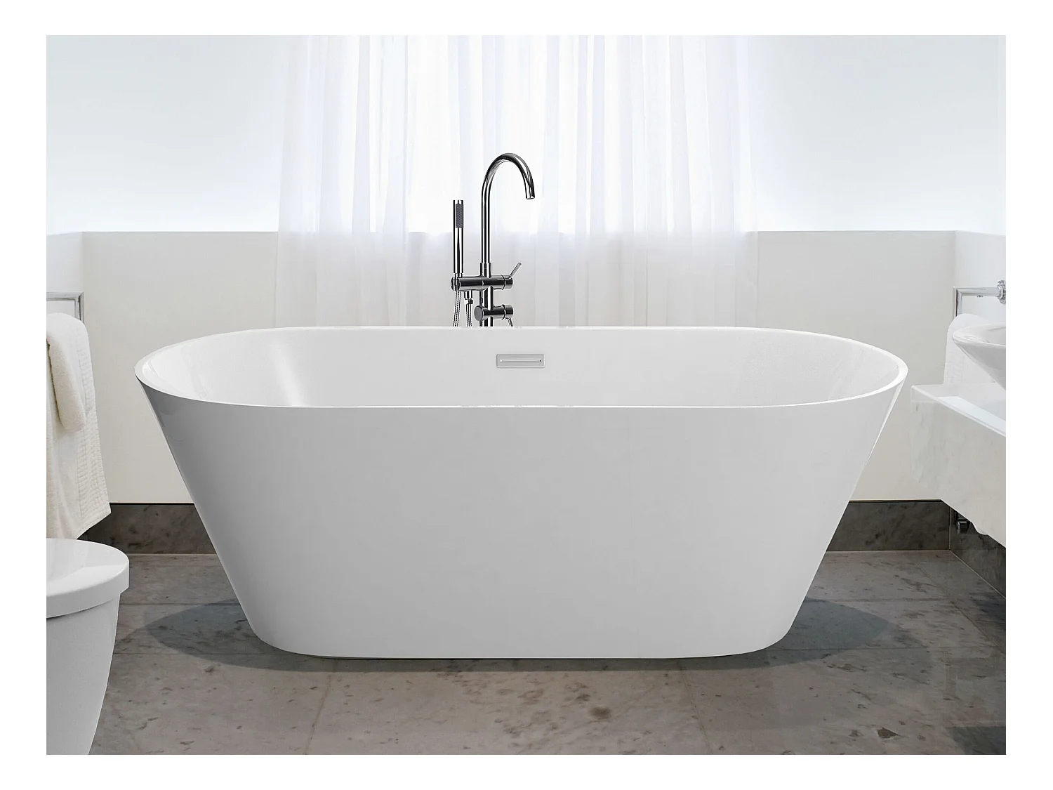 Stilvolle Acryl Badewanne oval freistehend weiß mit Überlauf 160 x 80 cm Havana