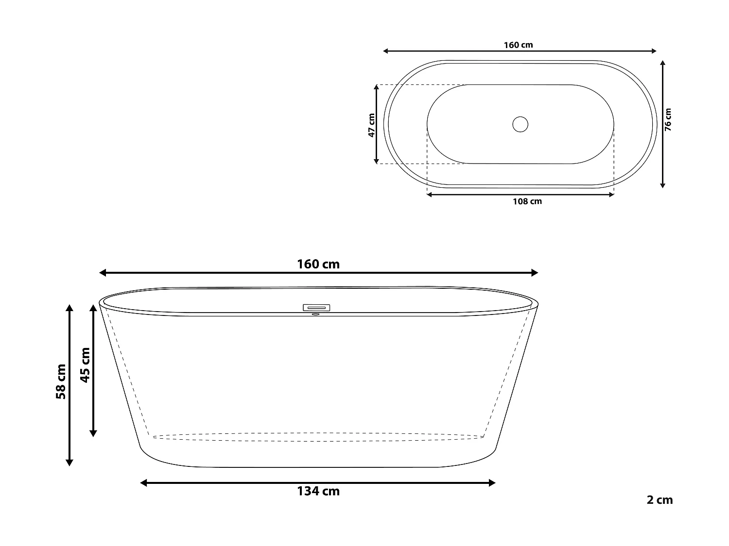 Stilvolle Acryl Badewanne oval freistehend weiß mit Überlauf 160 x 80 cm Havana