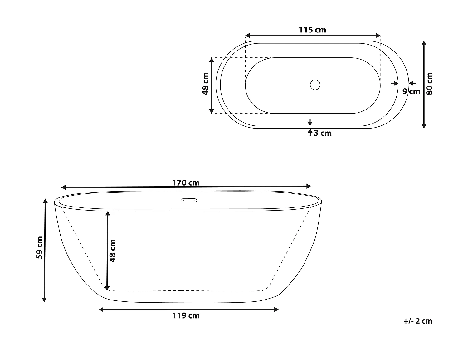 Baignoire balnéo îlot avec LED NEVIS 170 x 80 cm Noir