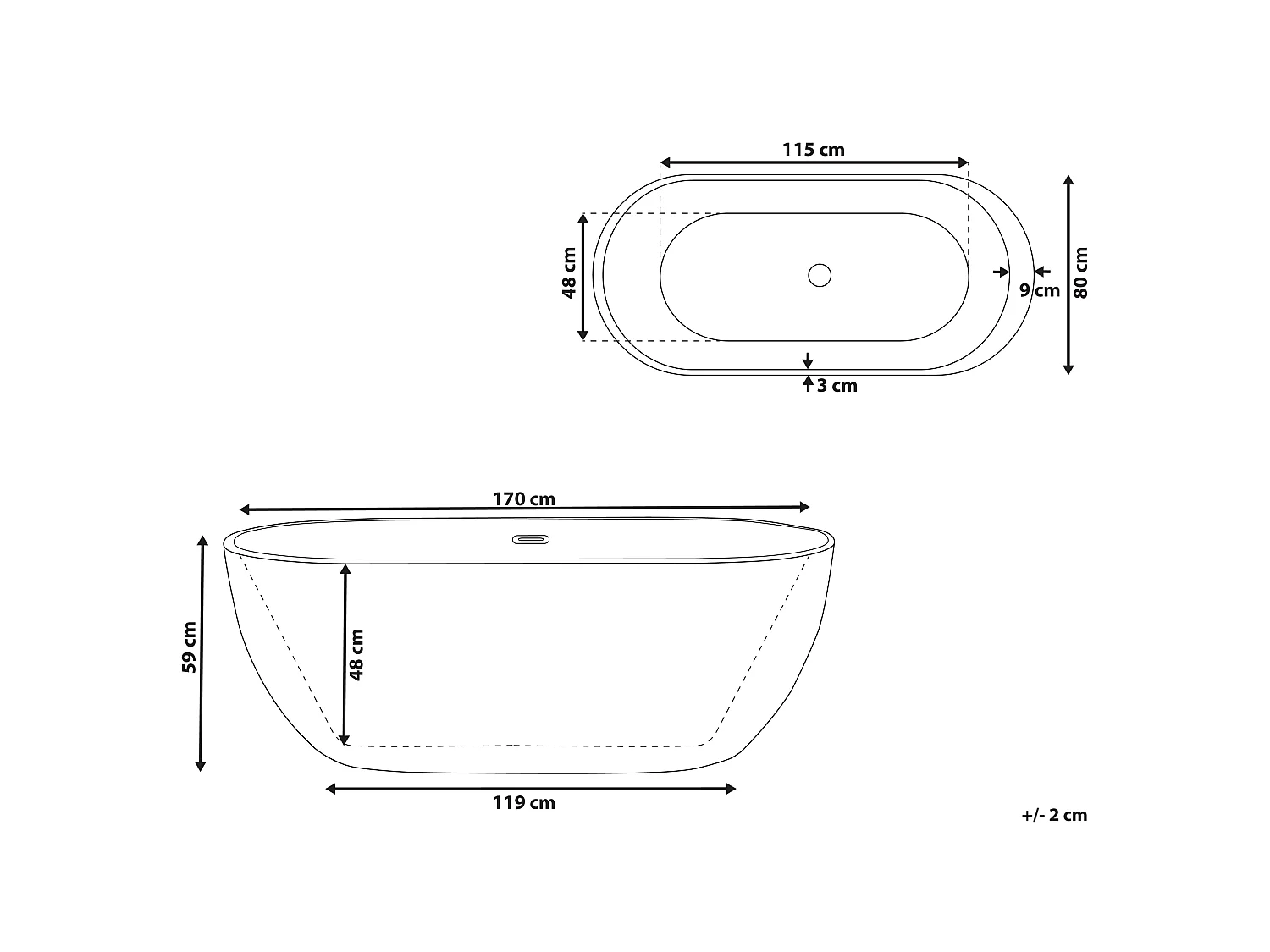 Baignoire balnéo îlot avec LED NEVIS 170 x 80 cm Noir