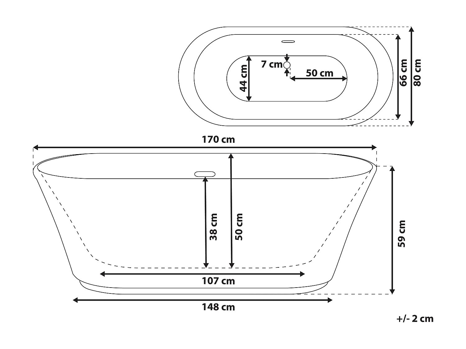 Schlichte Acryl Badewanne oval freistehend weiß mit Überlauf 170 x 80 cm Ovalle
