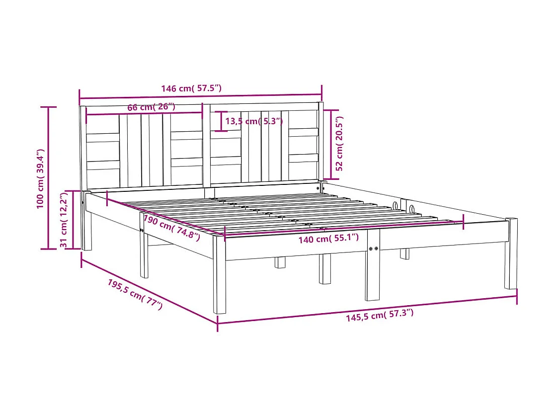 Bedframe massief hout 140x190 cm
