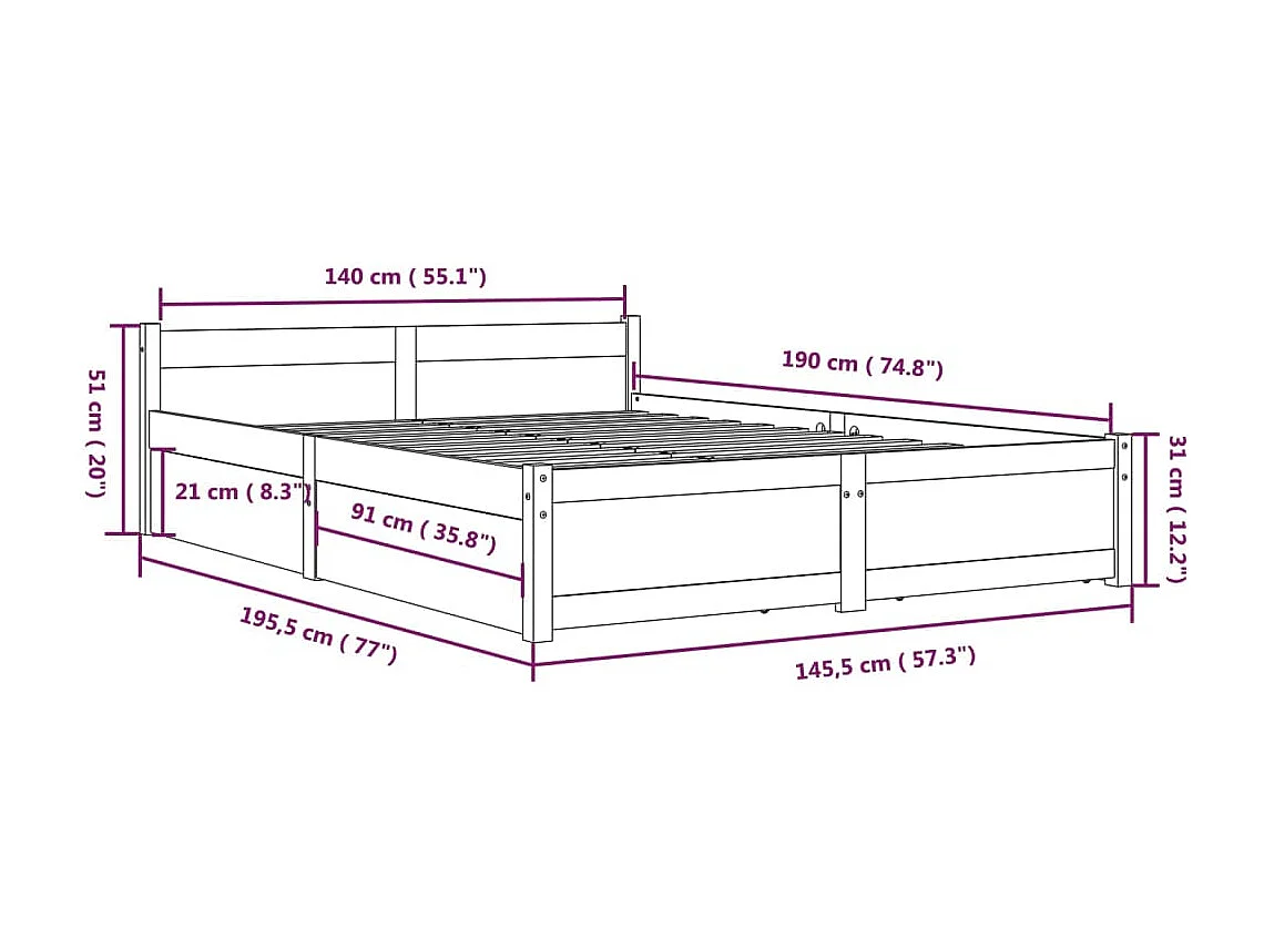 Cadre de lit sans matelas avec tiroirs