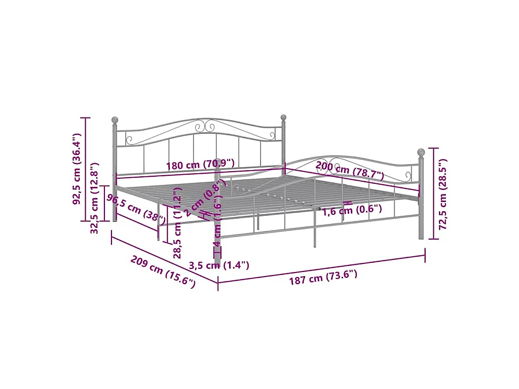 Cadre de lit Gris Métal 180x200 cm