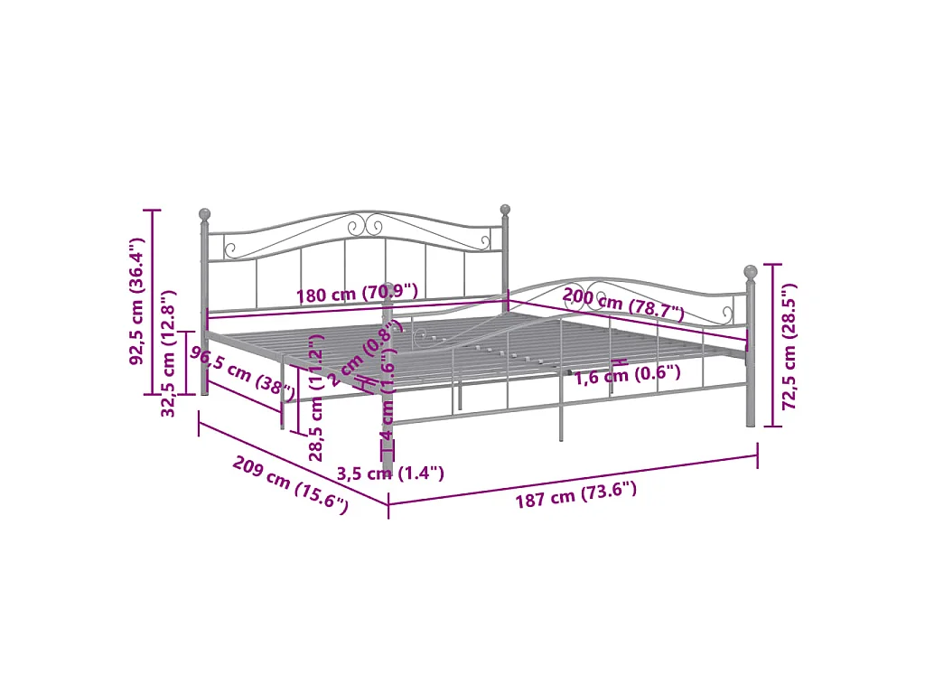 Cadre de lit Gris Métal 180x200 cm
