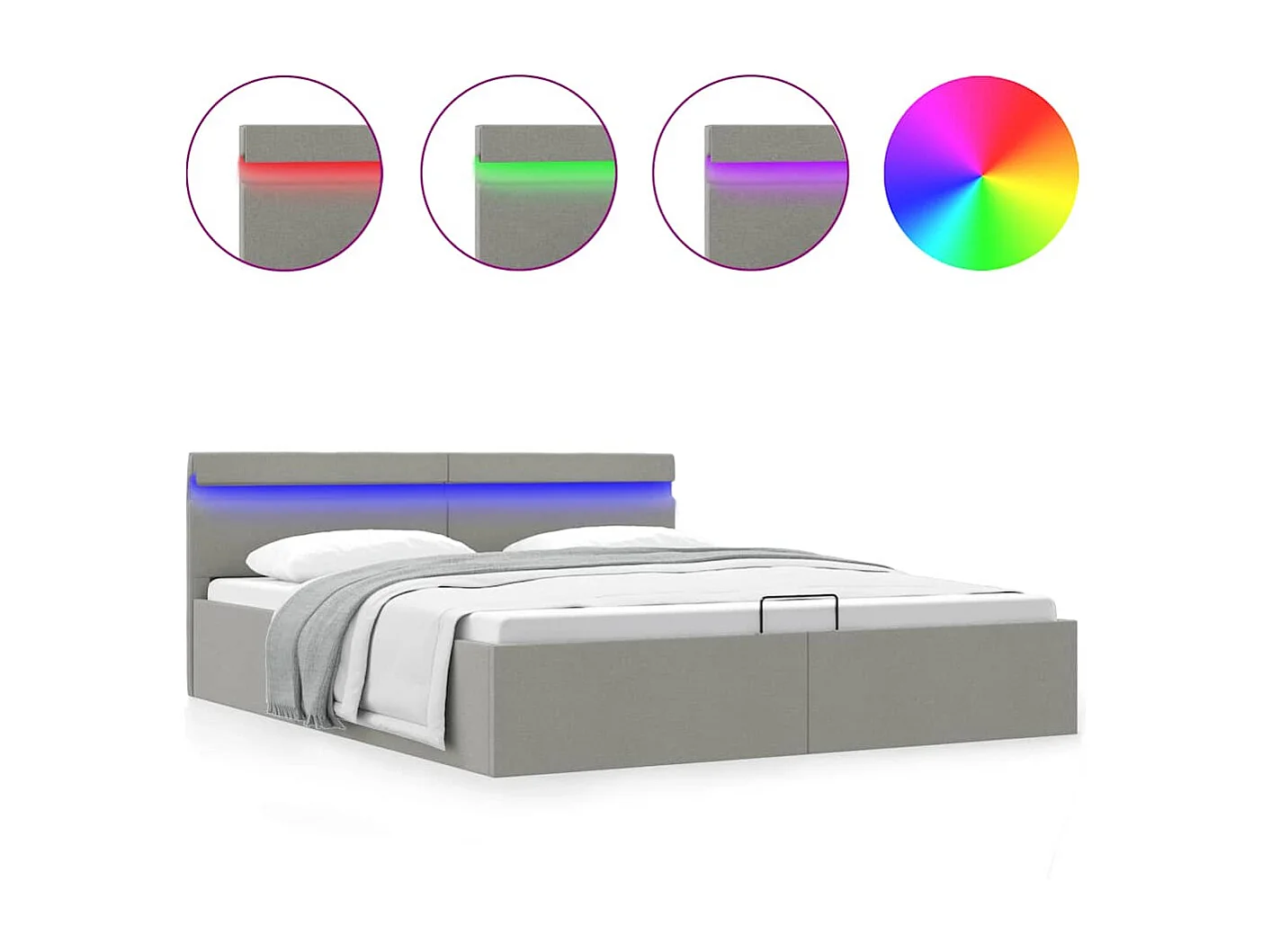 Cama hidráulica c/ arrumação LED 160x200 cm tecido cinza-claro