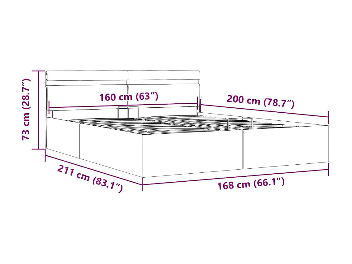 Cama hidráulica c/ arrumação LED 160x200 cm tecido cinza-claro