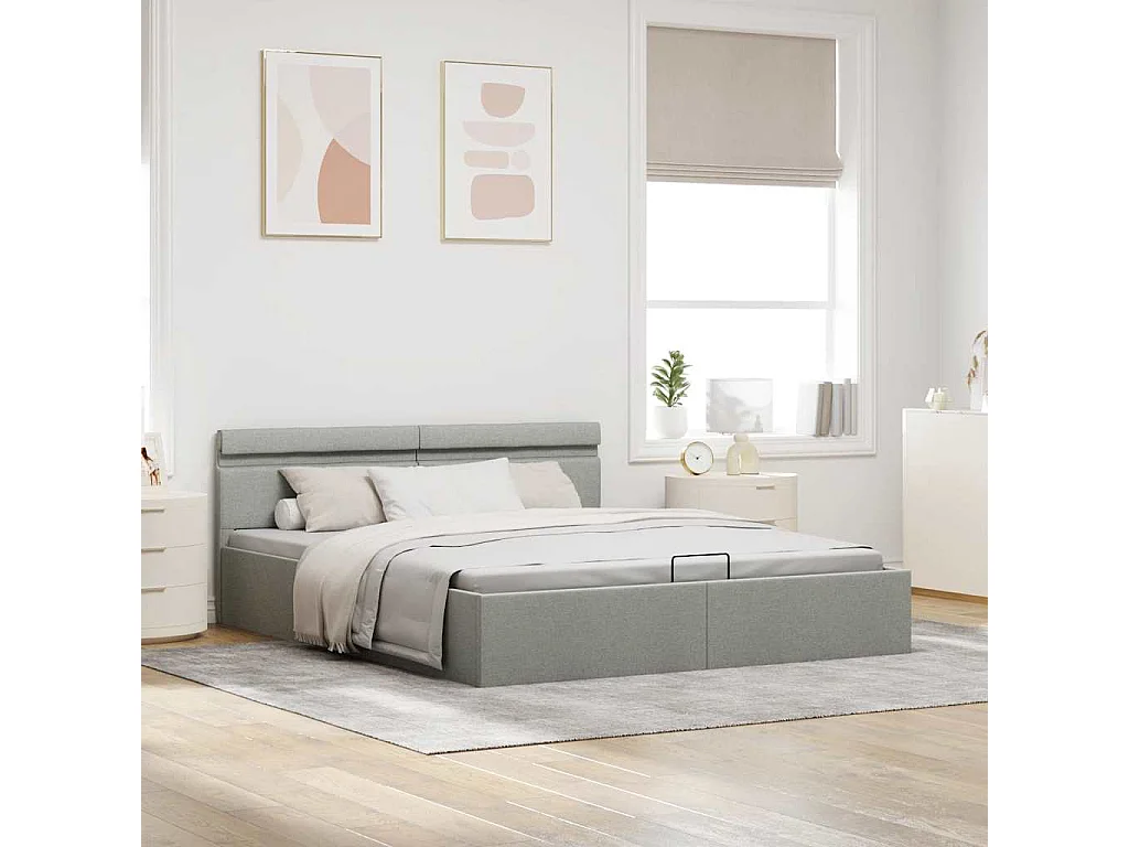 Cama hidráulica c/ arrumação LED 160x200 cm tecido cinza-claro