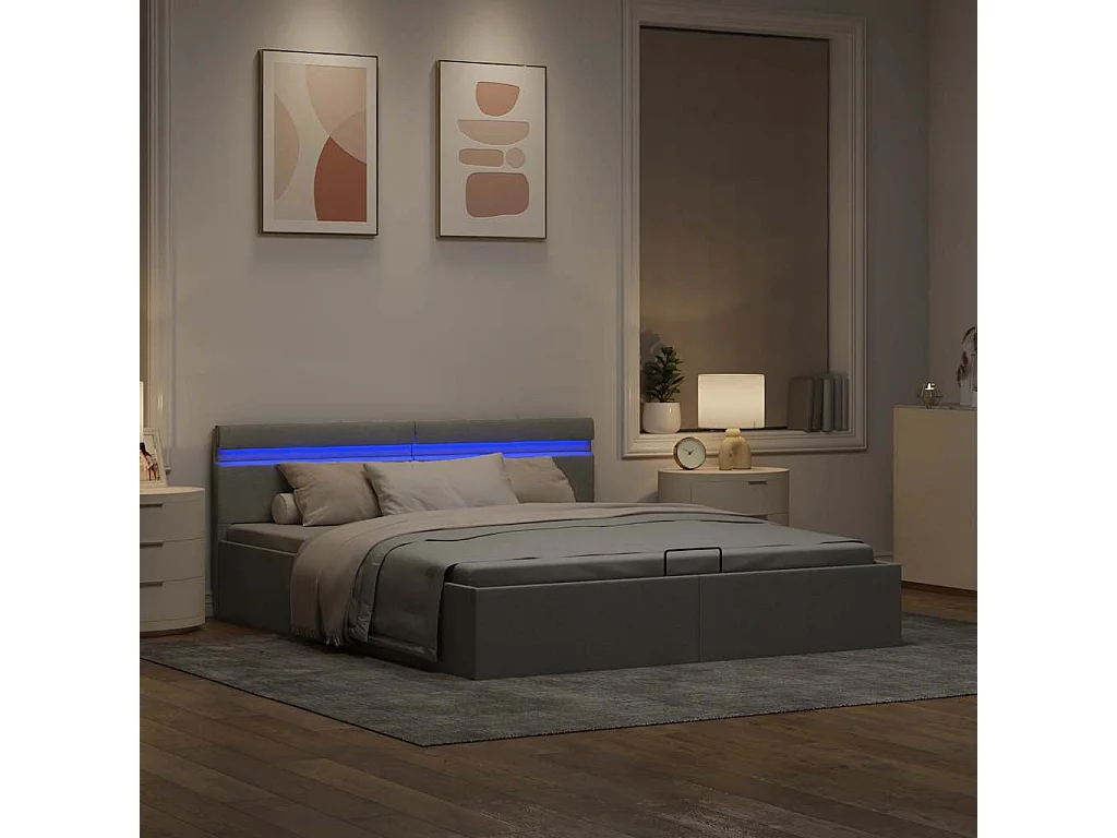Cama hidráulica c/ arrumação LED 160x200 cm tecido cinza-claro