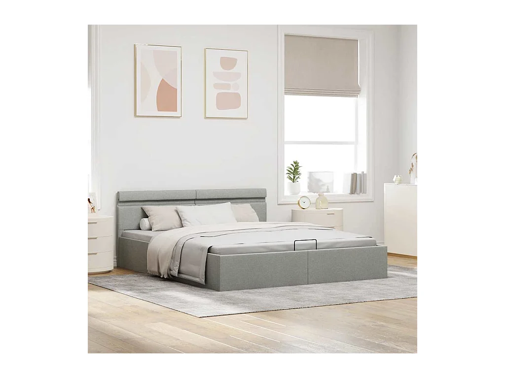 Giroletto con Contenitore e LED Grigio Chiaro Tessuto 160x200cm