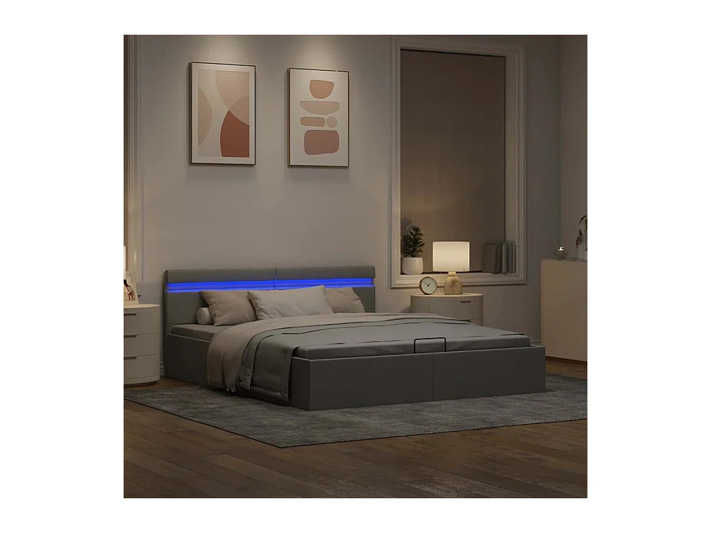 Giroletto con Contenitore e LED Grigio Chiaro Tessuto 160x200cm