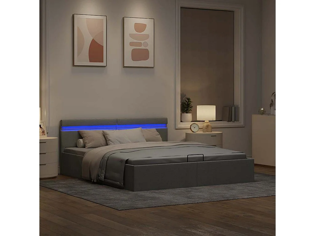 Bett mit Bettkasten Hydraulisch LED Hellgrau Stoff 160x200 cm