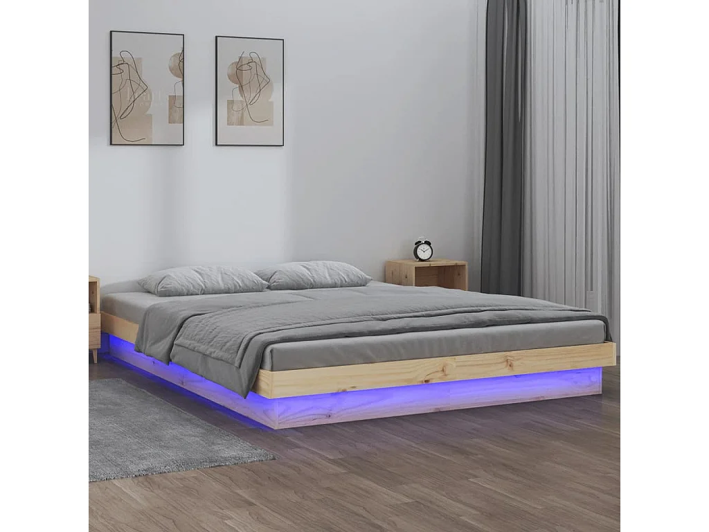 Estructura de cama doble pequeña LED sin colchón madera maciza