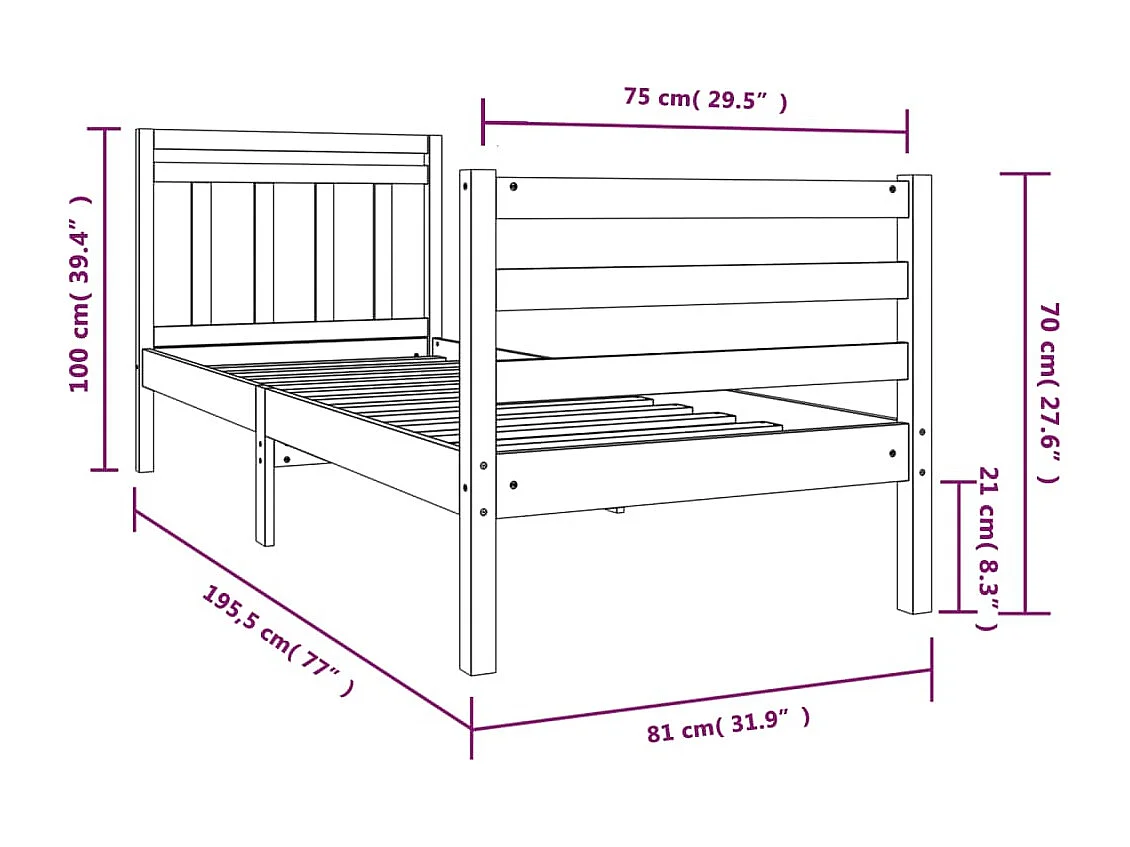 Bedframe massief hout 75x190 cm