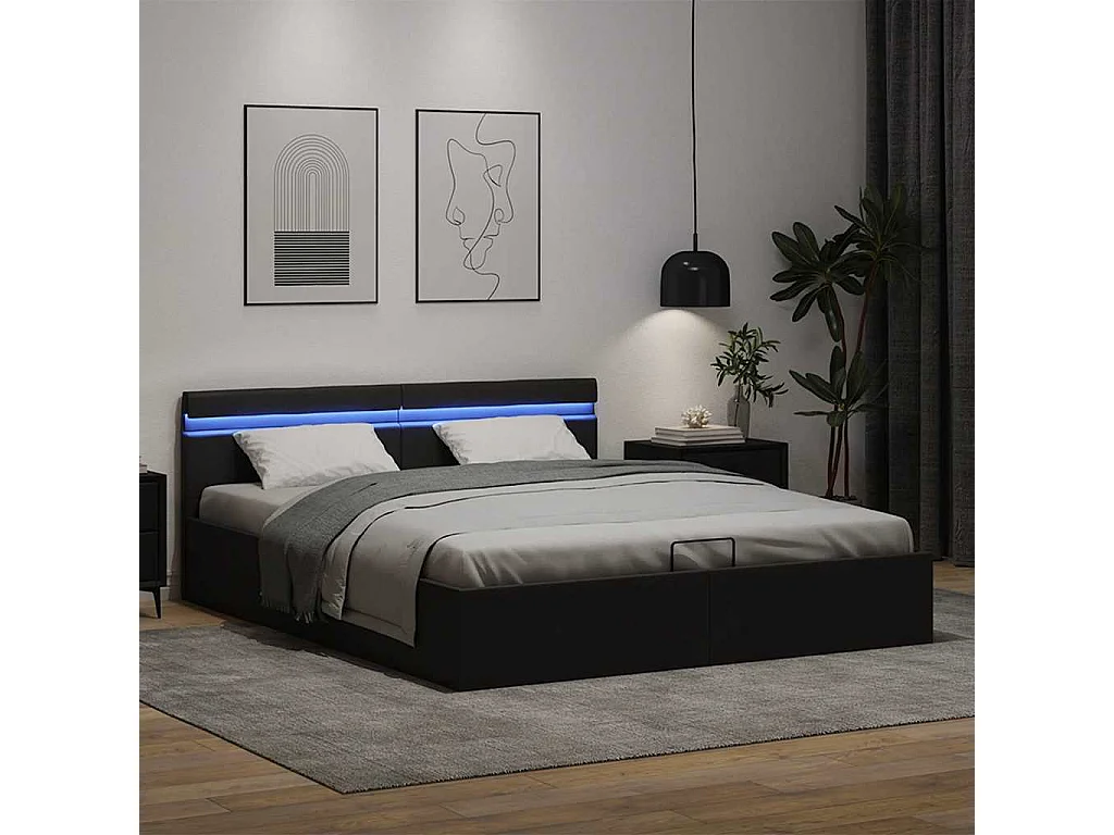 Cama hidráulica LED c/ arrumação 180x200cm couro artifi. preto