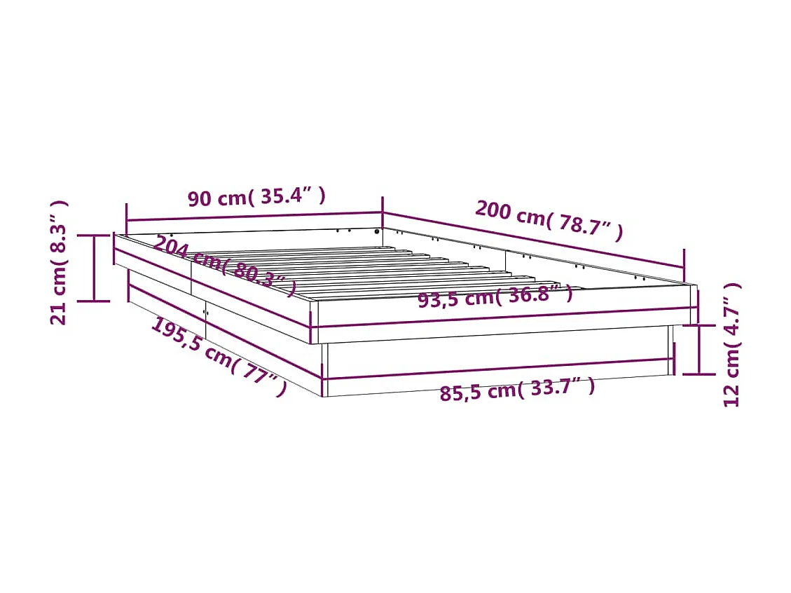 Cadre de lit à LED sans matelas 90x200 cm bois massif