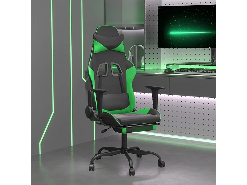 Cadeira gaming massagens c/ apoio pés couro artif. preto/verde