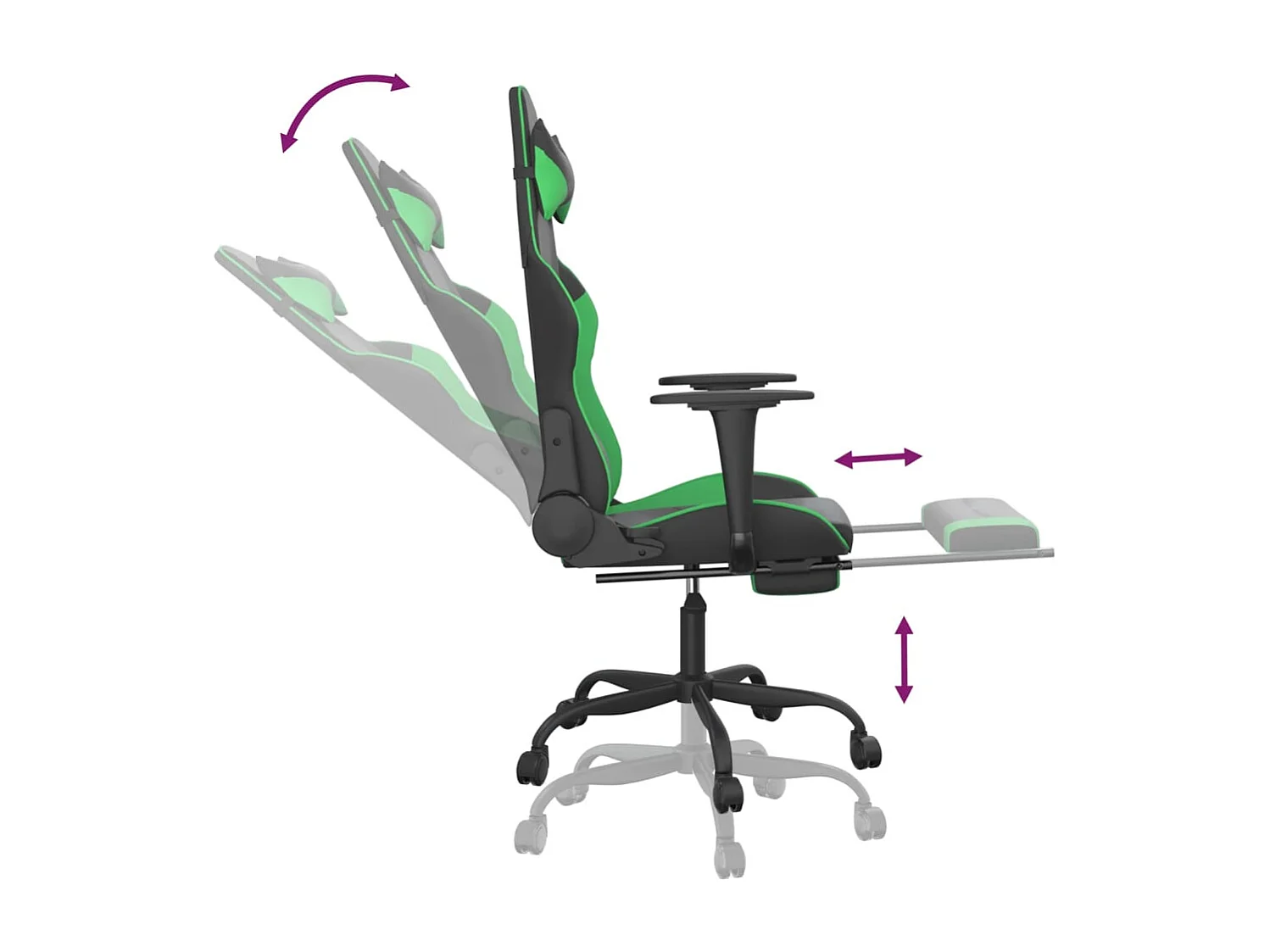 Cadeira gaming c/ apoio pés couro artificial preto e verde