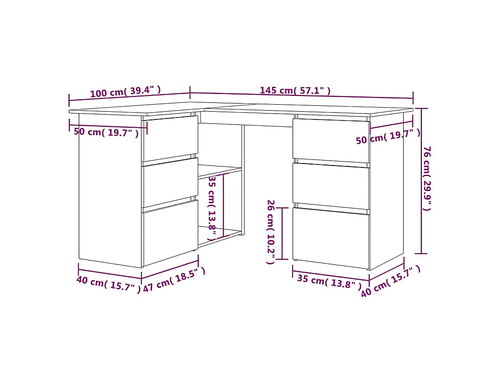 Hoekbureau 145x100x76 cm bewerkt hout wit