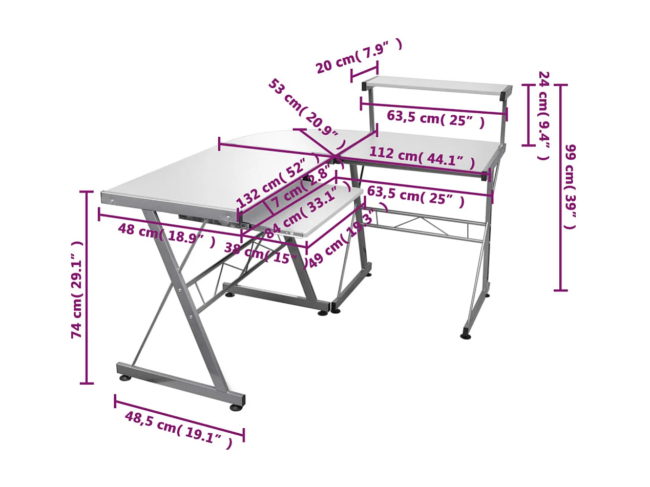 Hoekbureau 132x112x99 cm bewerkt hout wit