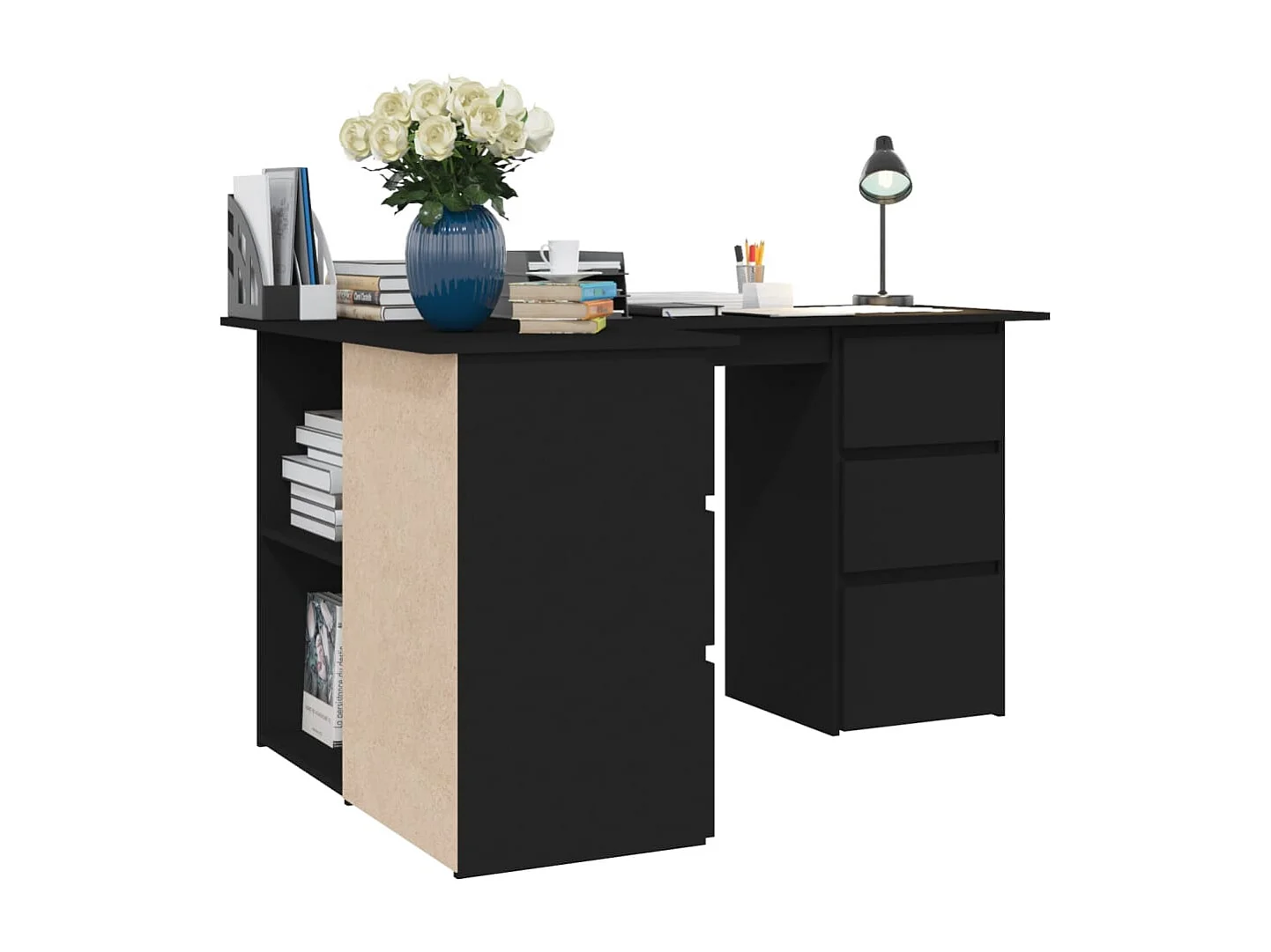 Scrivania ad Angolo Nera 145x100x76 cm in Legno Multistrato