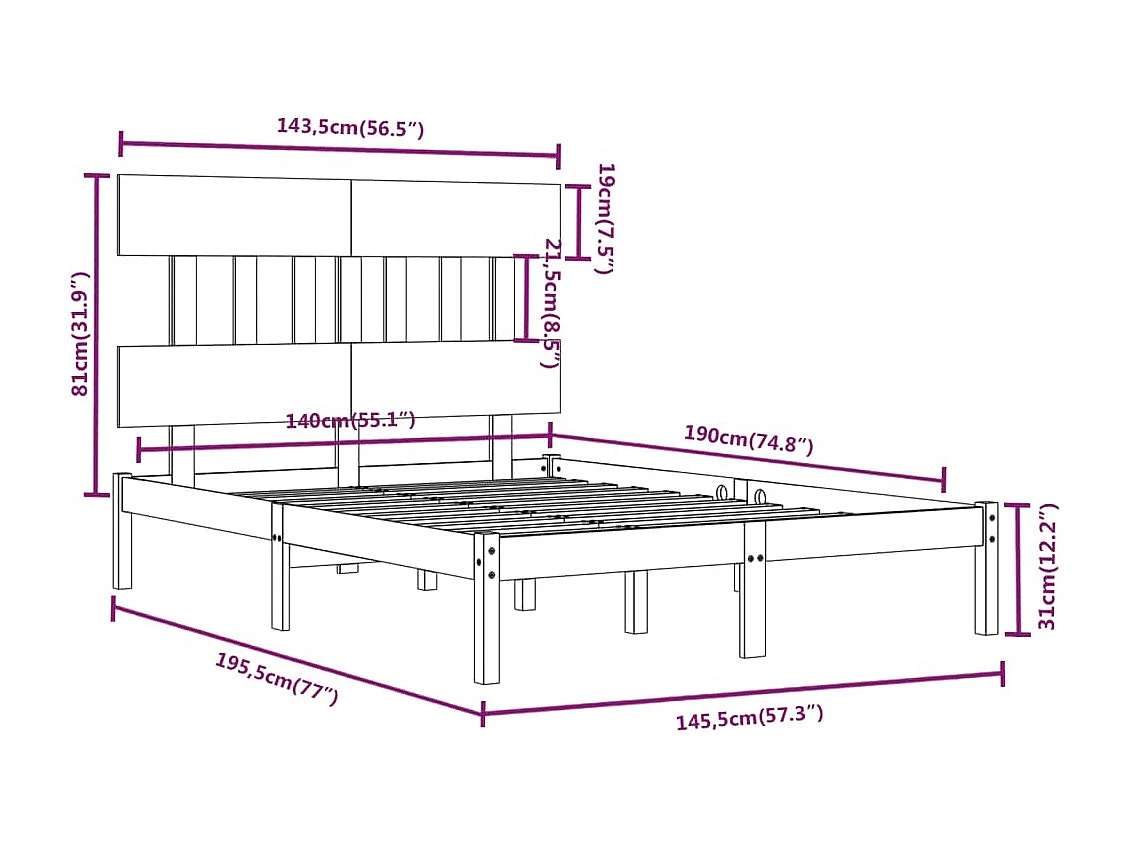 Estructura de cama madera maciza de pino 140x190 cm