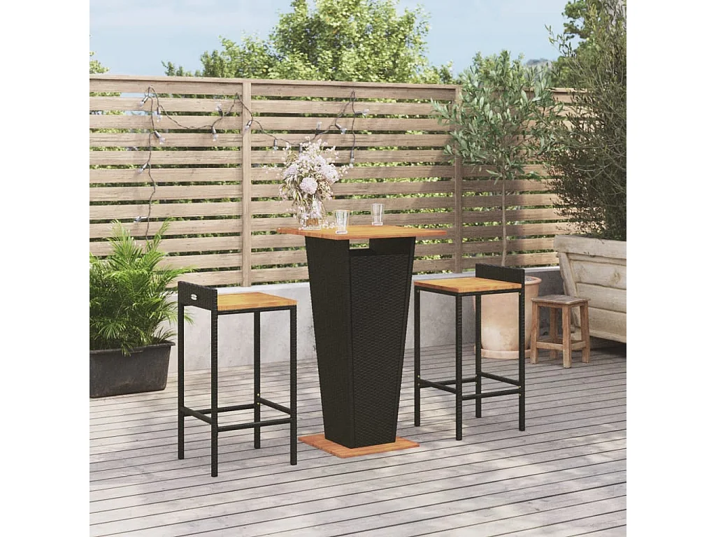 Set Bar Giardino 3 pz Nero Polyrattan e Legno Massello Acacia