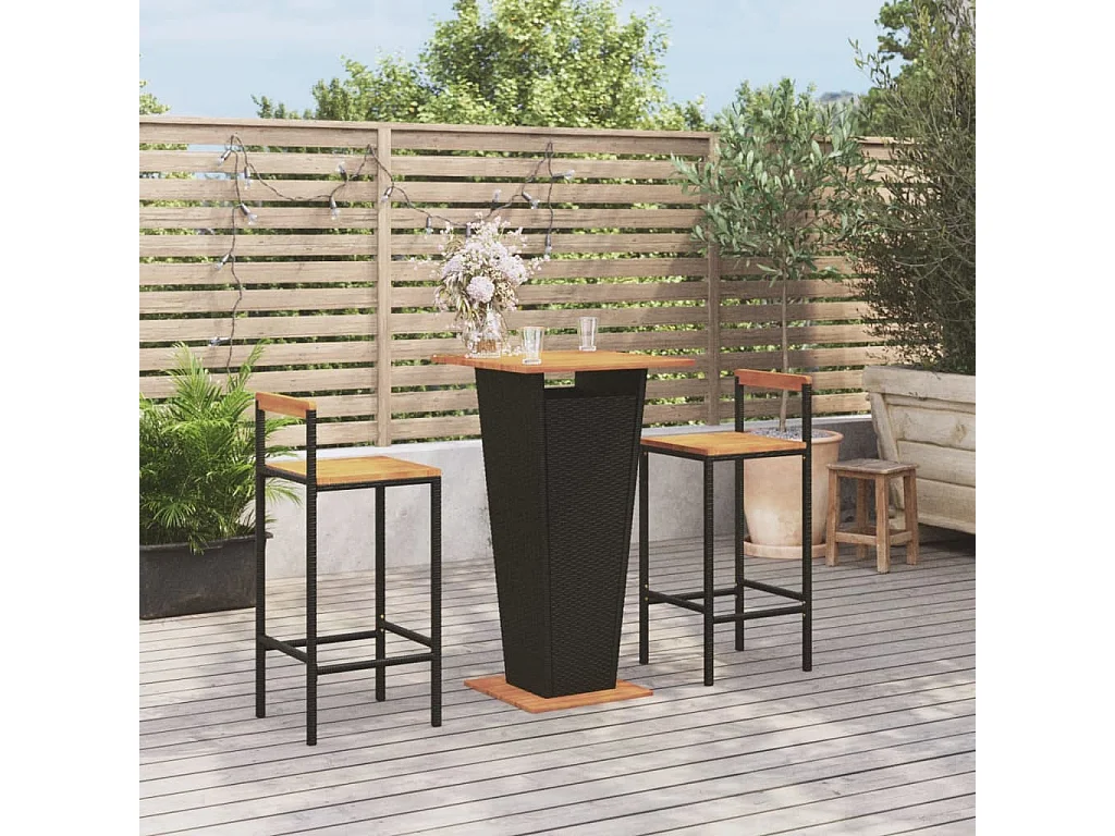 Set Bar Giardino 3 pz Nero Polyrattan e Legno Massello Acacia
