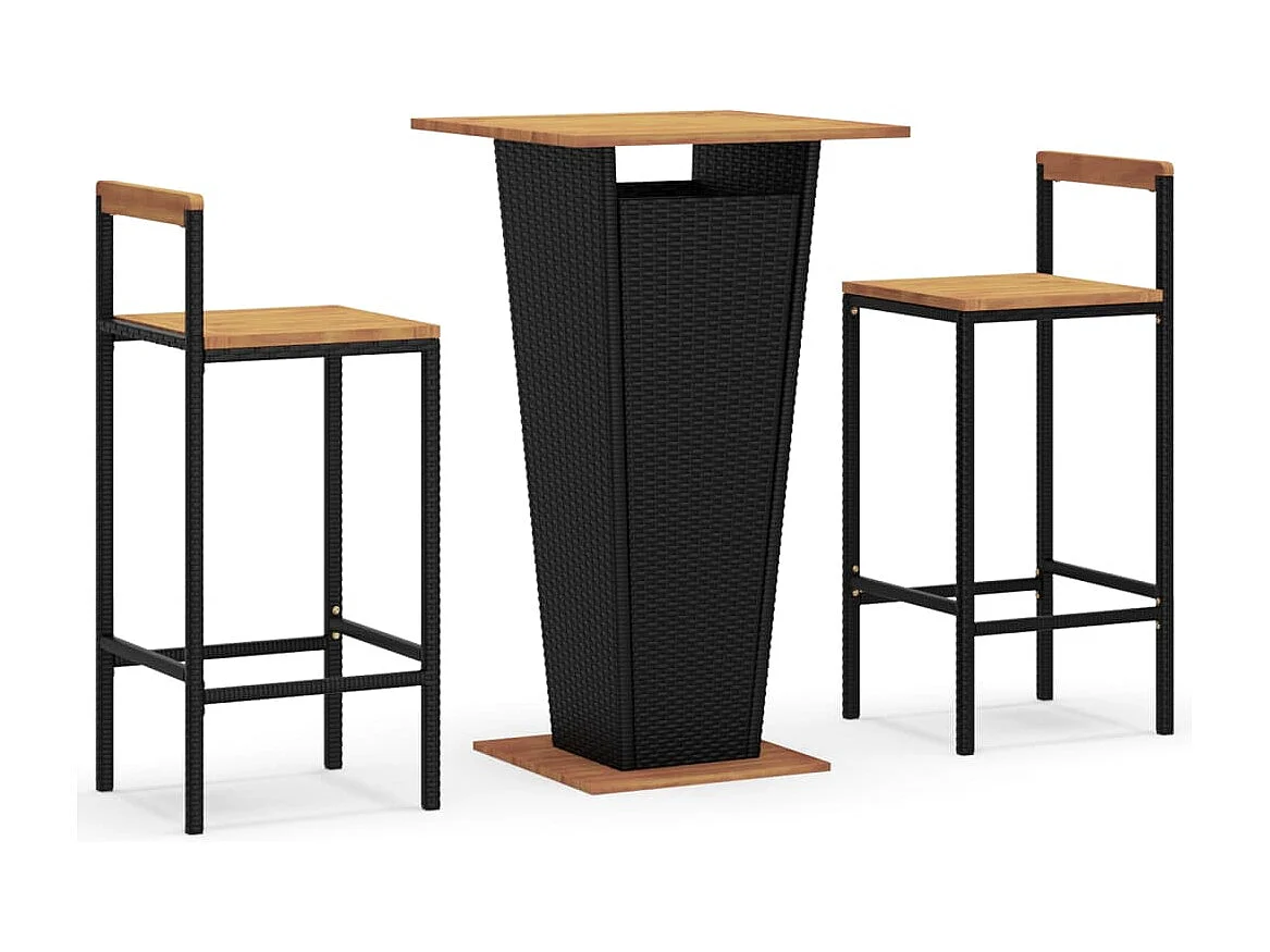Set Bar Giardino 3 pz Nero Polyrattan e Legno Massello Acacia