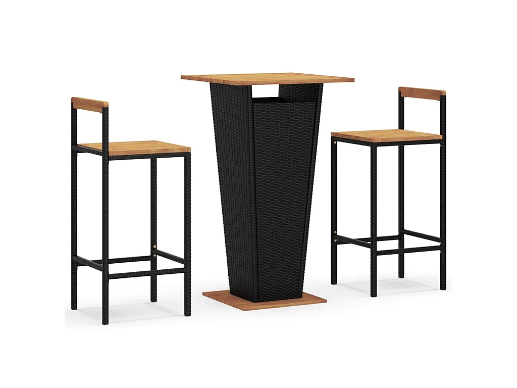 Set Bar Giardino 3 pz Nero Polyrattan e Legno Massello Acacia