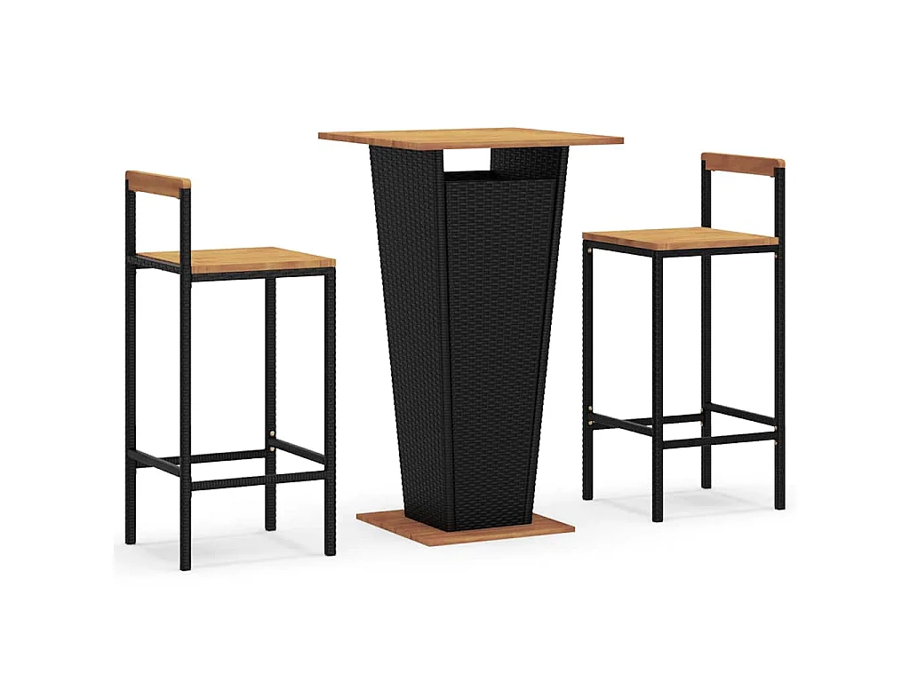 Set Bar Giardino 3 pz Nero Polyrattan e Legno Massello Acacia