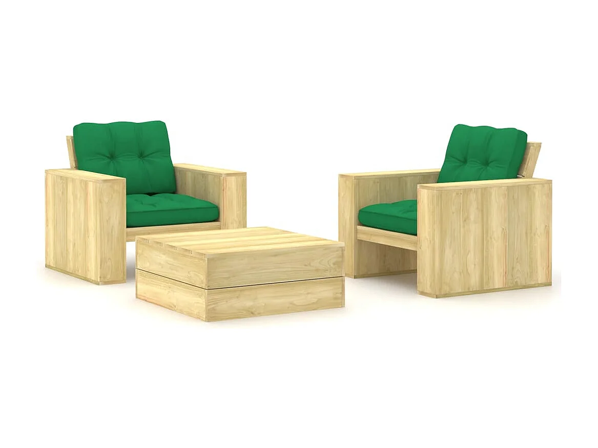 Salon de jardin 3 pcs avec coussins bois de pin imprégné