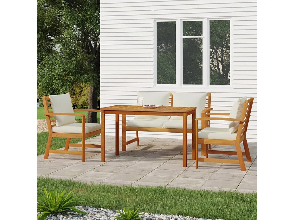 4 pcs conj. jantar jardim c/ almofadões madeira acácia maciça