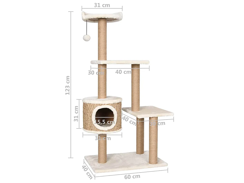 Árvore para gatos c/ postes arranhadores 123 cm erva marinha