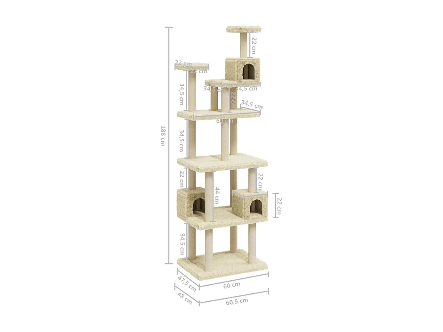 Kattenmeubel met sisal krabpalen 188 cm crèmekleurig