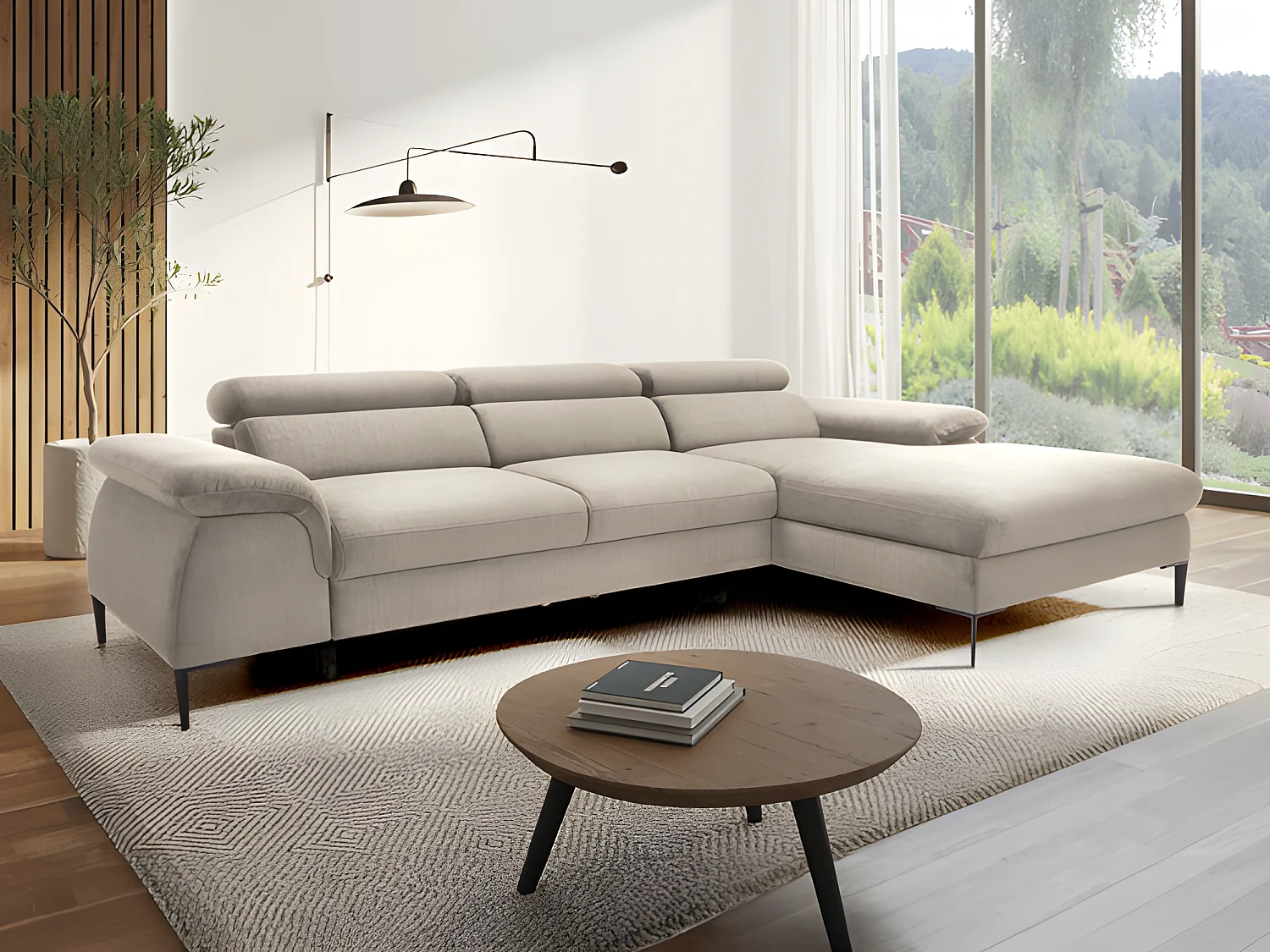 Ecksofa mit Schlaffunktion - Ecke rechts - Samt - Beige - SEPINA von Pascal Morabito