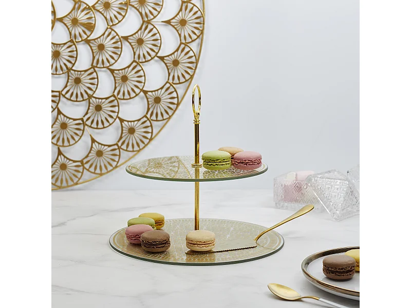 Plateau En Verre 2 Etages D25cm Or, Gris