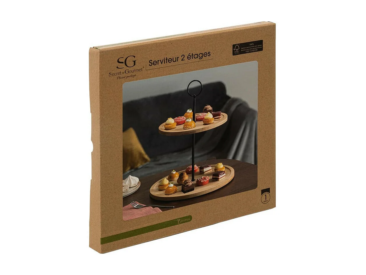 Serviteur Rond Bambou "2 Étages" 28cm Beige