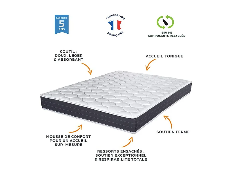 Matelas 90x190 Record - Ressorts ensachés - Hauteur 20 cm - Ferme