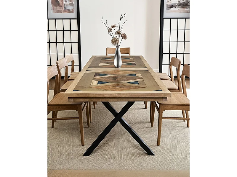 Bucarest - Table repas en manguier massif marqueté L200 cm 10 pers.